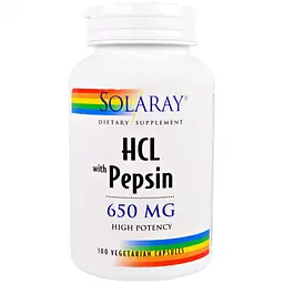 Пробіотики Solaray Бетаїн HCL і Пеппсін, HCL with Pepsin, 650 мг, 100 вегетаріа (SOR-04814)