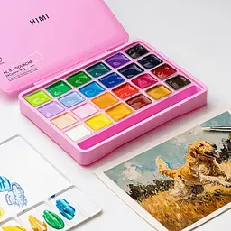 Набір гуашевих фарб HIMI Jelly Cup 24x30 мл, 3 пензлі, рожевий пластиковий пенал (6976939681679) - мініатюра 9