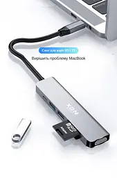 USB-хаб XON SmartHub 6 в 1 (HDMI, SD/TF, Type-C, USB3.0, USB2.0) Сірий (UHCHP063300G 5153) - мініатюра 2