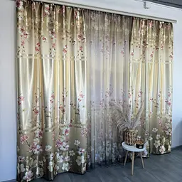 Атласні штори з квітами оливкового кольору 150х270 з тюлистом батистовим 400х270 на тасьме ALBO pbe0052640 - мініатюра 8