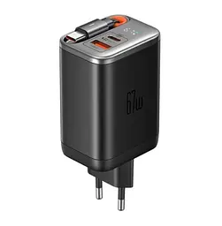 Мережевий зарядний пристрій McDodo 67W 1C+1A Digital Display GaN Charger Built-in 65cm retractable USB-C Cable(EU) Чорний