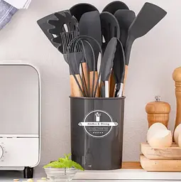 Силіконовий кухонний набір приладдя Kitchen & Dining 12 предметів (дерево+силікон) графітовий - мініатюра 2