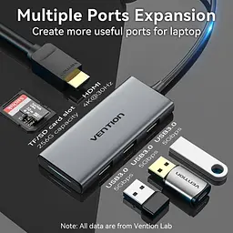 Док-станція USB3.0 Type-C --> HDMI 4K30Hz/TF/3xUSB-A 3.0, 0.15м 6-in-1 Vention - мініатюра 4
