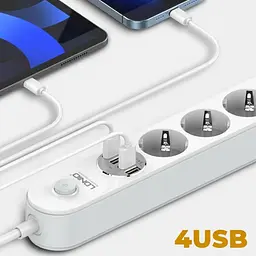 Мережевий фільтр подовжувач 4 євро розетки 4 USB 2м із захистом та заземленням LDNIO SE4432 2500W 10A USB 3.4A - мініатюра 5