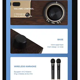 Портативна колонка ретро для караоке Kisonli G102 Bluetooth 1800 mAh 16 Вт 2 мікрофони Wooden - мініатюра 8