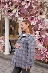 Жіноча сорочка для вагітних стилю oversize в клітинку для майбутніх мам Siena S - М (42 - 44) Lullababe сірий - мініатюра 3