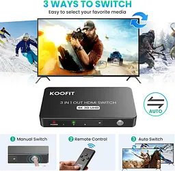 HDMI-перемикач 4K на 3 входи та 1 вихід із пультом - мініатюра 4