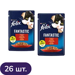 Вологий корм для котів Felix Fantastic з яловичиною в желе 2.21 кг (26 шт. х 85 г)