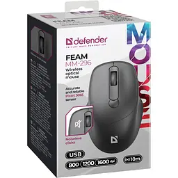Мишка Defender Feam MM-296, бездротова, 4кн. до 1600 dpi, безшумна, чорна - мініатюра 4