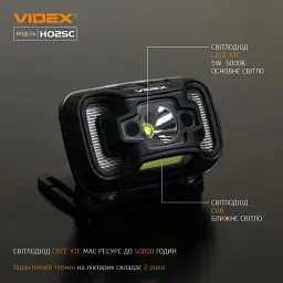 Ліхтар налобний Videx H025C, Black, 310 лм, 5000K, до 74 м, 7 режимів роботи, світлодіод CREE XTE 5W + COB, акумулятор (1800 mAh, незнімний), IP65, 96 г (VLF-H025C) - мініатюра 4