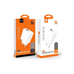 Зарядний пристрій WUW C208 1xUSB-C PD 30 Вт + 1xUSB QC 3.0 18 Вт білий (6972573333417)