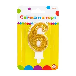 Свічка Maxi золотиста двостороння з блискітками "6", 7,62 см, на торт (MX622083-6)