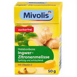 Льодяники для горла Mivolis Інбір-Мелісса, без цукру, 50 г