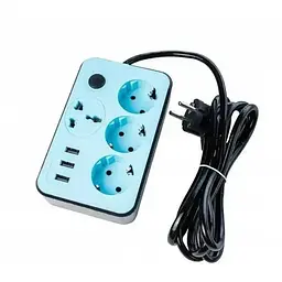 Подовжувач мережевий 4 розетки 3 USB 2 м з кнопкою вмикання квадратний