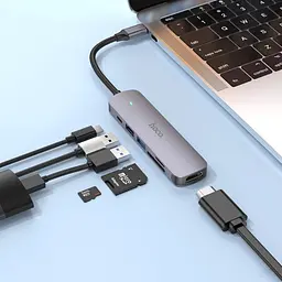 Type-C(PD) HUB Hoco HB28 Type-C multi-function converter (HDTV+USB3.0+USB2.0+SD+TF+PD) Metal Grey - мініатюра 2