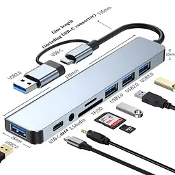 USB концентратор 8 в 1/USB хаб з 4 USB-портами, Type-C порт, TF/SD-картридер, аудіо вихід - мініатюра 2