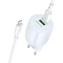 МЗП Borofone BA93A Lustrous PD20W+QC3.0 (1USB-A/1C) + кабель Type-C to Lightning Blue