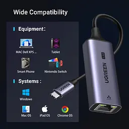 Перехідник USB 3.0 Type-C --> Ethernet RJ45 2.5Gb CM648 Ugreen чорний - мініатюра 3