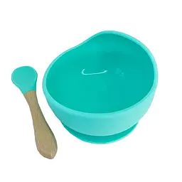 Силіконова тарілка на присосці з дерев'яною ложкою MGZ-0103(Turquoise) 300 мл
