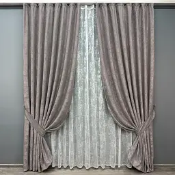 Комплект штор с тюлем VR-Textil Жаккард Мрамор, серо-пудровый с белым, 2 шторы 200×270 см + тюль 500×270 см, арт. 71-007/6