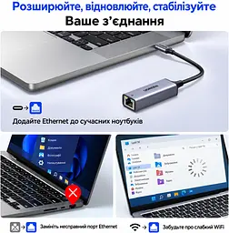 Мережевий адаптер UGREEN CM199 зовнішня мережева карта USB-C на RJ45 Ethernet 10/100/1000 Мбіт/с зі світлодіодним індикатором для Windows macOS та Linux сумісний зі Steam Deck та Nintendo Switch Lite чип AX88179B із вбудованим кабелем 0,1 м космічний сірий (50737) - мініатюра 8