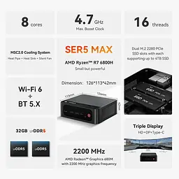 Неттоп Beelink SER5 MAX Black Ryzen 7 32Gb LPDDR5 500Gb SSD NVMe Radeon 680M 2.5GLan 3xUSB 3.2 Type-C HDMI/DP Windows 11 Pro кріплення VESA у комплекті (BLSER5M6800H32500BK) - мініатюра 4