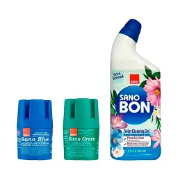 Набір Sano Бачок для миття унітазу Blue Flash, Бачок для миття унітазу Green, Гель для чищення унітазів Sanobon Gel Lotus (287607, 935833, 352153)