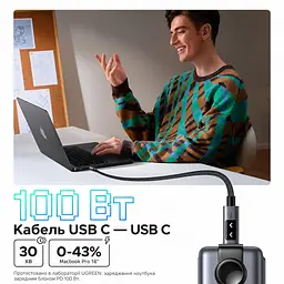 Кабель UGREEN Uno L509 USB-C - USB-C PD 100 Вт з дисплеєм 0,5 м чорно-сірий (45612) - мініатюра 5