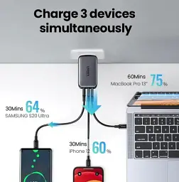 Зарядний пристрій Ugreen CD244 USB-A + 2 x USB-C 65 Вт GaN Tech Fast Charger сірий - мініатюра 5