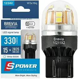 LED автолампа Brevia Spower 12/24V W21/5W 15x2835SMD 330Lm 6000K Оригінал CANbus W3x16q 2 шт (10211X2)