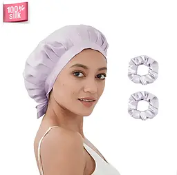 Шовкова шапочка для сну MaryuPHair з мулберрі + 2 великі шовкові гумки для волосся (лавандовий)
