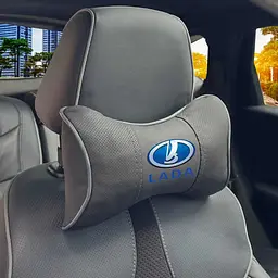 Подушка на підголівник з логотипом Lada Екошкіра 3D Кольоровий лого Чорна-Сірий кант 1 шт