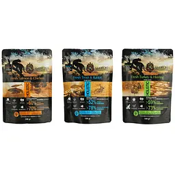 Набір: Сухий корм Ambrosia Grain Free для стерилізованих котів з лососем та куркою 100 г + Сухий корм Ambrosia Grain Free для стерилізованих котів з індичкою та оселедцем 100 г + Сухий корм Ambrosia Grain Free для котів з фореллю та кроликом 100 г