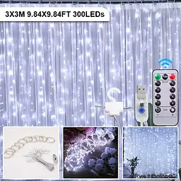 Гірлянда завіса штора 3*3м 300LED USB c пультом 8 режимів для прикрас вікон і тераси, холодний білий - мініатюра 7