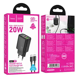 МЗП Hoco N61 Gentle PD20W+QC3.0 (1USB-A/1C) + кабель Type-C to Type-C Black - мініатюра 5