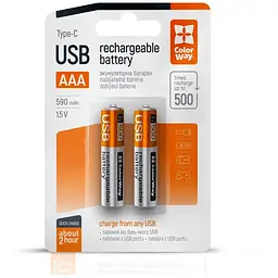 Акумулятор ColorWay AAА USB-С 590 mAh 1.5V (2шт) (Li-Polymer) (CW-UBAAA-09)