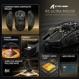 Мишка Attack Shark R5 Ultra, Wireless, PAW3950MAX сенсор, 42000dpi., 6кн., Black - мініатюра 3