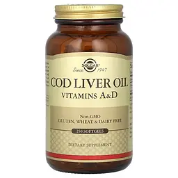 Жир Печінки Тріски (Вітаміни А та D) COD Liver Oil - 250 софтгель Solgar