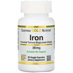 Залізо бісгліцінат California Gold Nutrition Ferrochel Iron (Bisglycinate) 36 мг 90 рослинних капсул