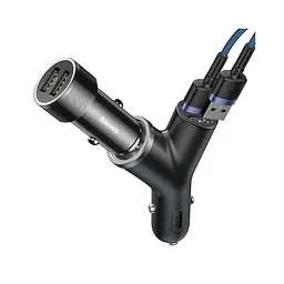 АЗП Baseus Y type dual USB + cigarette lighter extended car charger Black - мініатюра 2