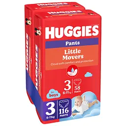 Набір трусиків-підгузків для хлопчиків Huggies Little Movers Pants 3 (6-11 кг), 116 шт. (2 уп. по 58 шт.) - мініатюра 3