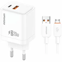 МЗП Amaya E77D PD20W+QC3.0 (1USB-A/1C) + кабель USB to MicroUSB White
