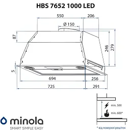 Витяжка повновбудована Minola HBS 7652 WH 1000 LED - мініатюра 11