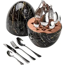 Набір столових приладів TS Kitchen Чорний мармур на 6 персон із нержавіючої сталі сріблясті 24 штуки в яйці
