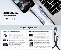 Кабель UGREEN L536 USB-C - USB-C кутовий 90° PD 3.1 240 Вт 1 м чорний (85225) - мініатюра 3