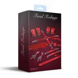 Набір Feral Feelings BDSM Kit 7 Red, наручники, поножі, конектор, маска, падл, кляп, затискачі - мініатюра 2