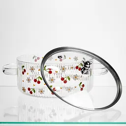 Каструля скляна  Yiwu  Cherry 2.4 л з кришкою та металевим ведмедиком біла Yiwu HP-GP-27 - мініатюра 3