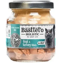 Вологий корм для котів Basttet'o Holistic Шматочки філе  індички  та телятини в желе для котів 130 г