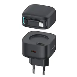МЗП USAMS US-CC202 PD35W Dual 2C Output GaN Fast Charger With Type-C Magnetic Retractable Cable Module (EU) Black