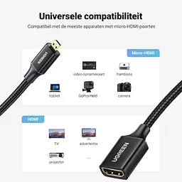 Кабель Ugreen Micro HDMI to HDMI 2.0, 25 см, 4K 60Hz, чорний, з нейлоновою оплеткою, (15842) - мініатюра 7